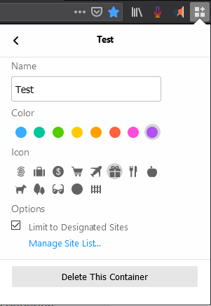 Firefox Multi-Account Containers – panneau – Case 'Limit to Designated Site' cochée